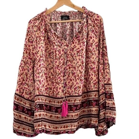 Vici Floral With Pink Tassels Bell Sleeves Rayon Boho Top Size Extra Large - Picture 2 of 13